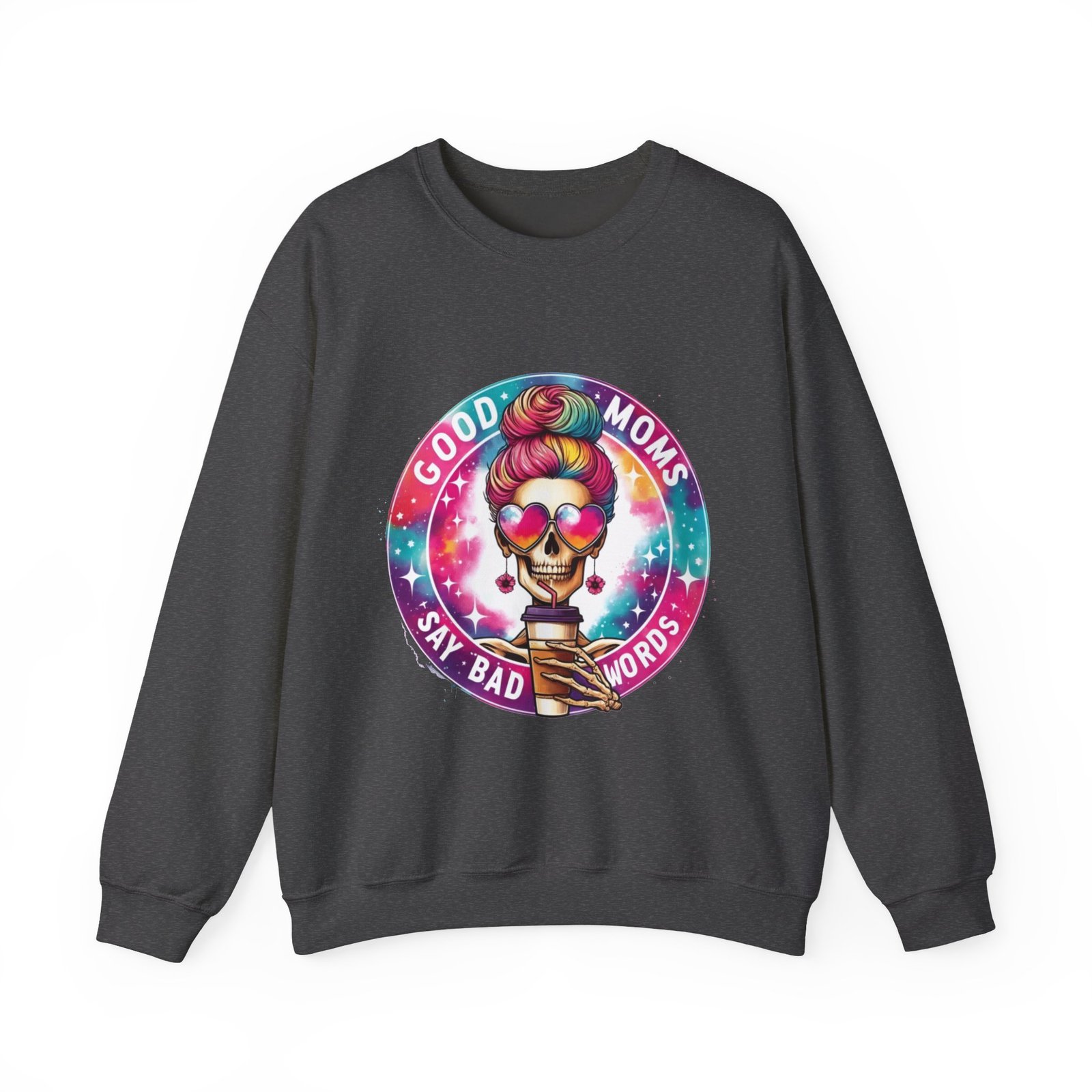 Good Moms Say Bad Words” Funny Mom Sweatshirt – Colorful Skull Mom Life Crewneck - Image 11