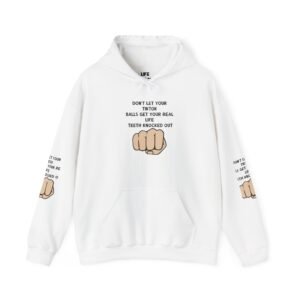White TikTok quote hoodie styled for gym girls and sneaker match outfits.