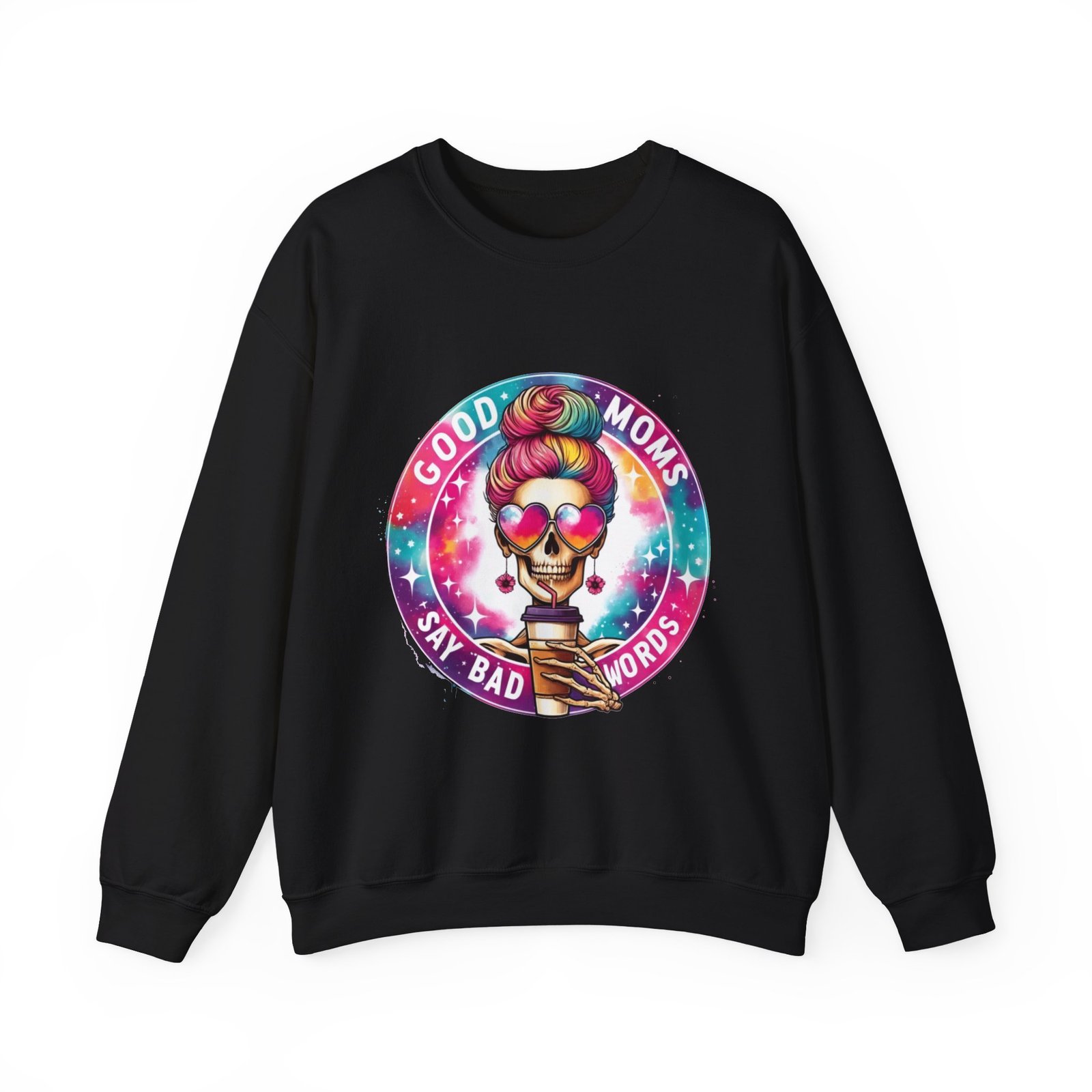 Good Moms Say Bad Words” Funny Mom Sweatshirt – Colorful Skull Mom Life Crewneck - Image 5