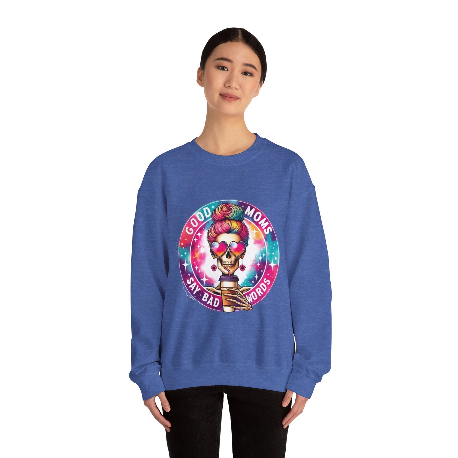 Good Moms Say Bad Words” Funny Mom Sweatshirt – Colorful Skull Mom Life Crewneck - Image 16
