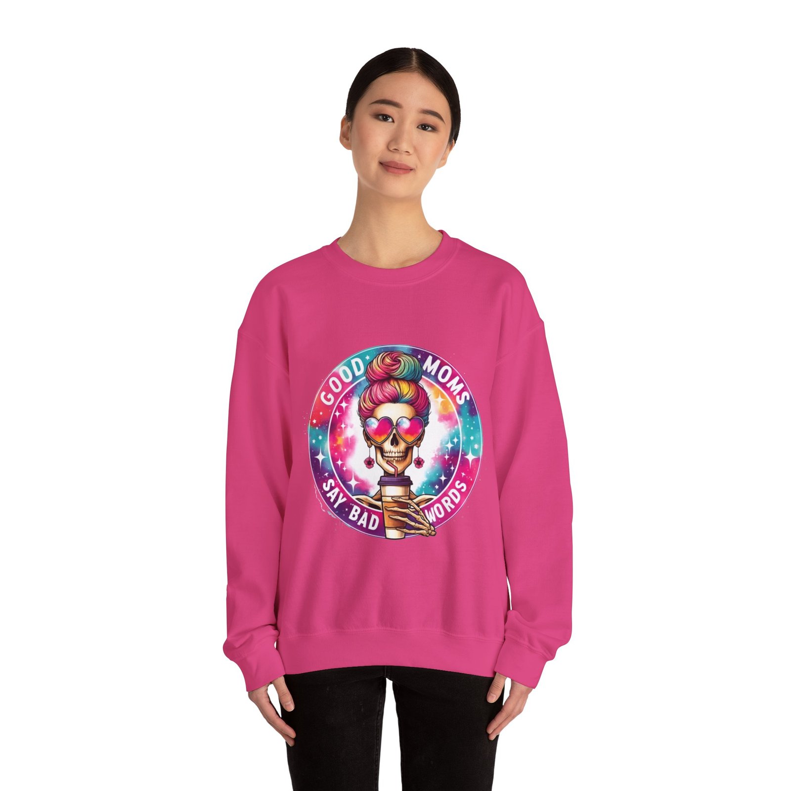 Good Moms Say Bad Words” Funny Mom Sweatshirt – Colorful Skull Mom Life Crewneck - Image 24